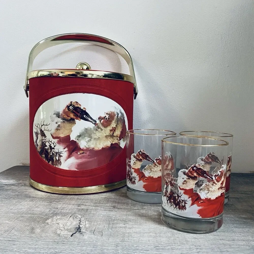 Vintage 1993 Coca Cola Red Felt Ice Bucket W/ Three 14 Ounce Glasses